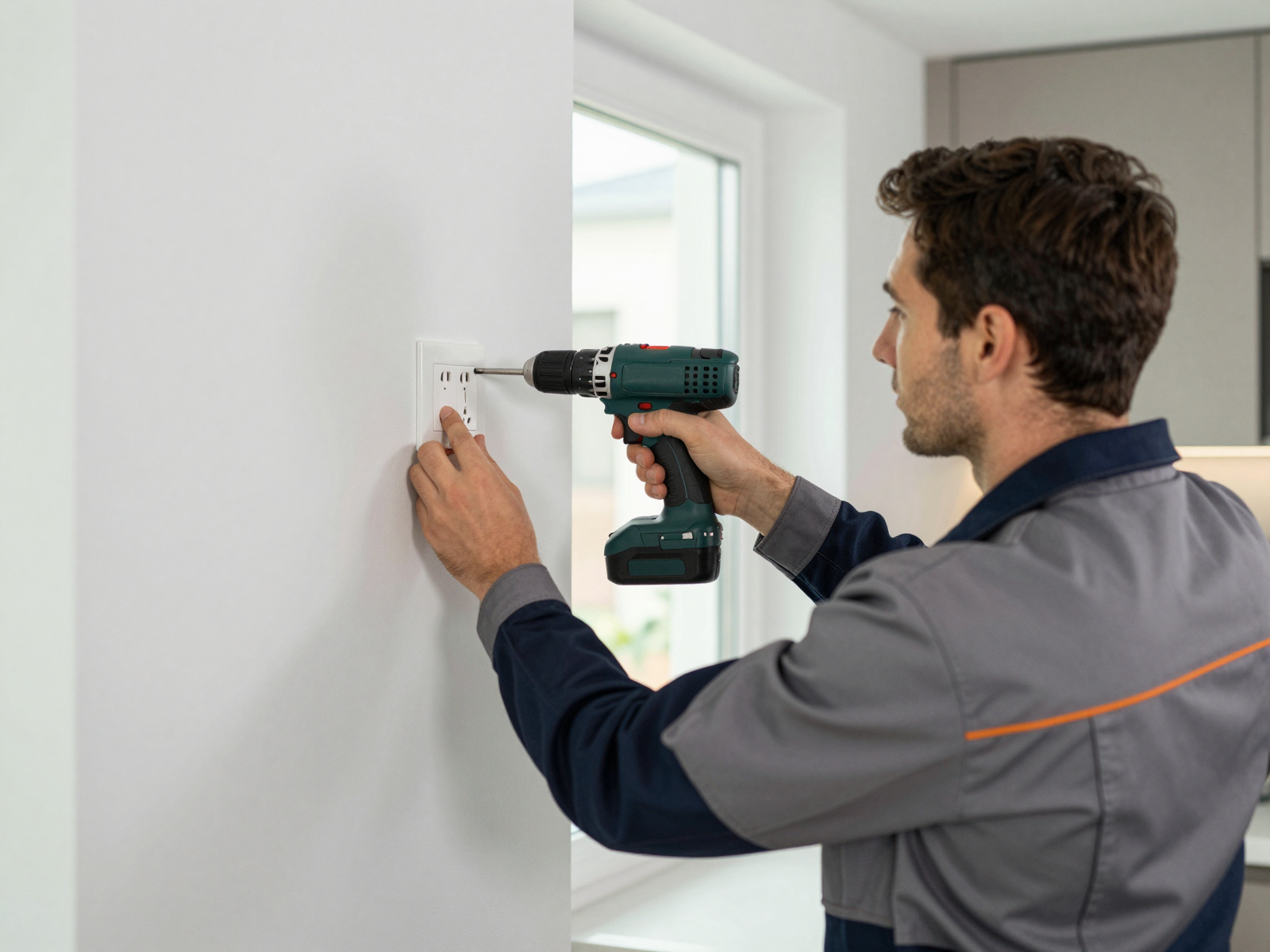 Electrician installing outlet in residential kitchen