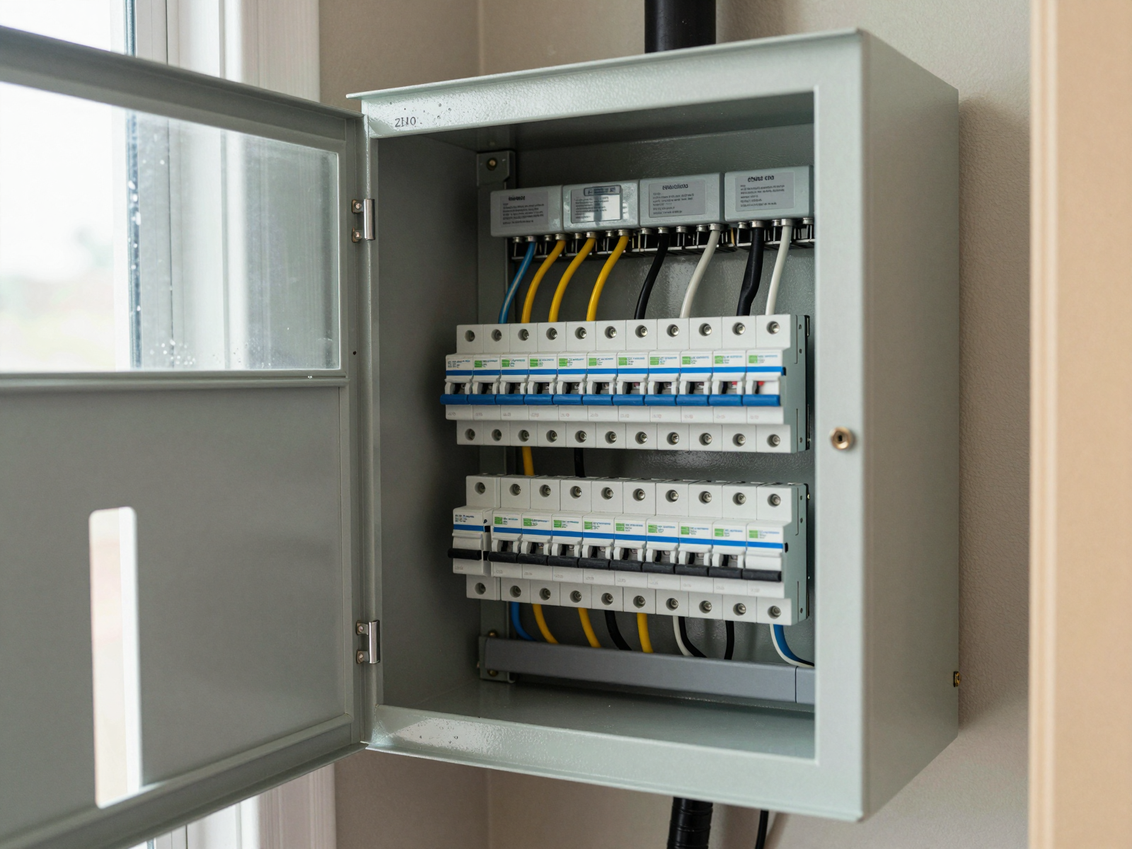 Installed electrical panel in utility closet